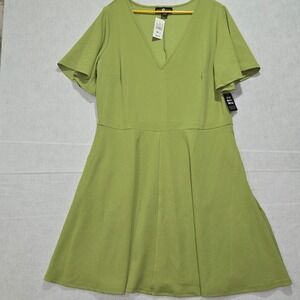 Ashley Stewart Olive Green Flutter Sleeve V Neck Midi Dress Plus Size 14 16‎